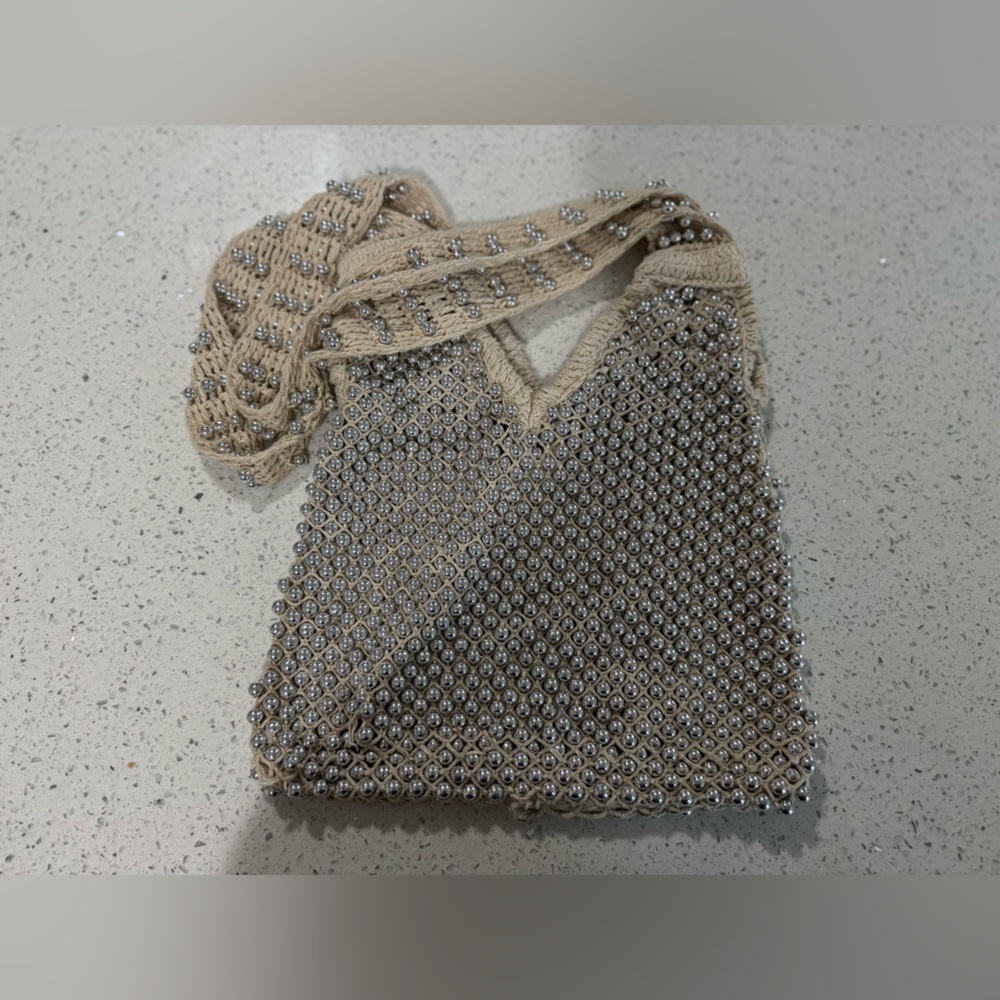 Vintage Elegant Silver Beaded Women's Bag